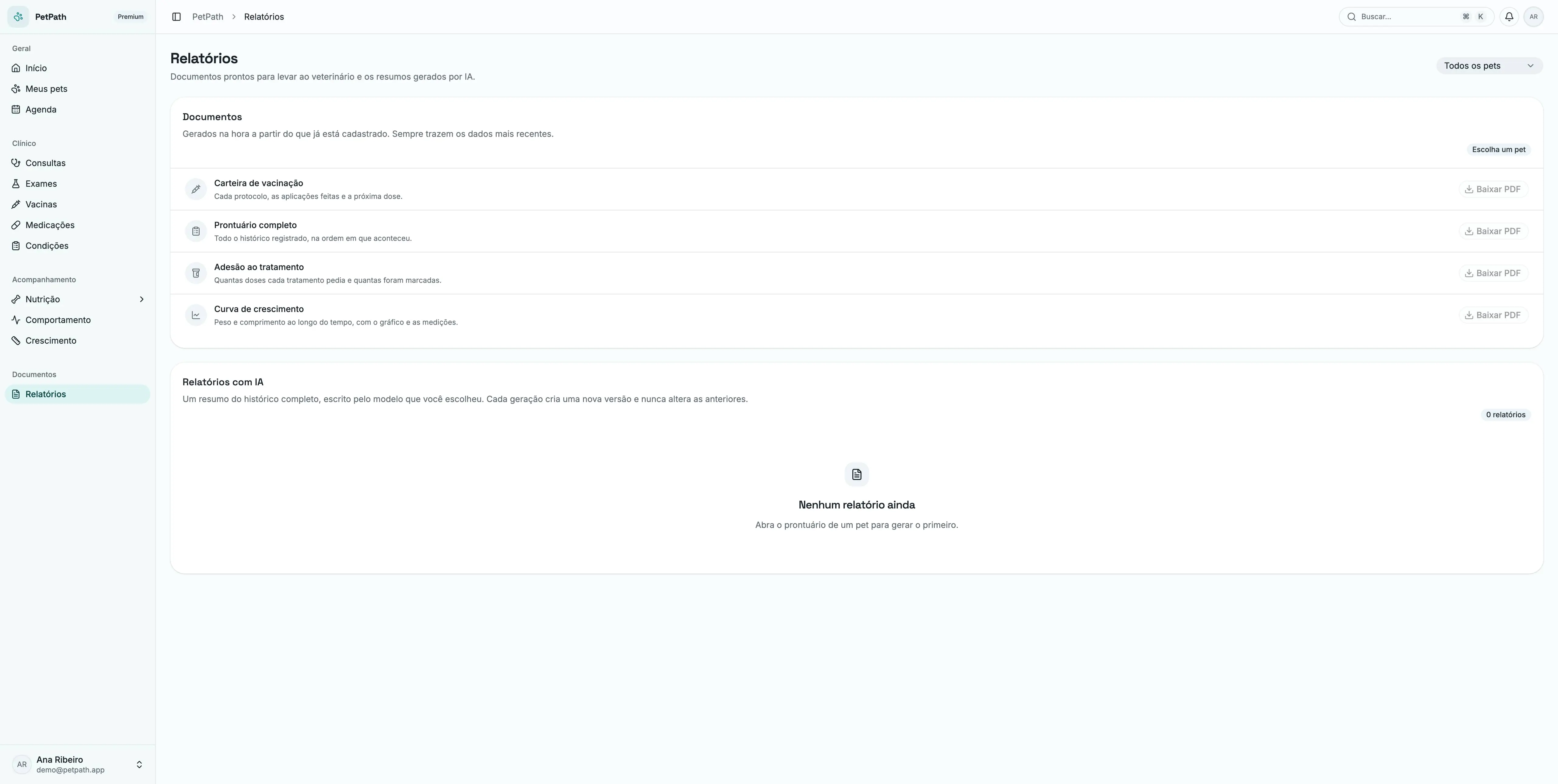 A tela de Relatórios, com os documentos para baixar em PDF e os relatórios gerados por IA.