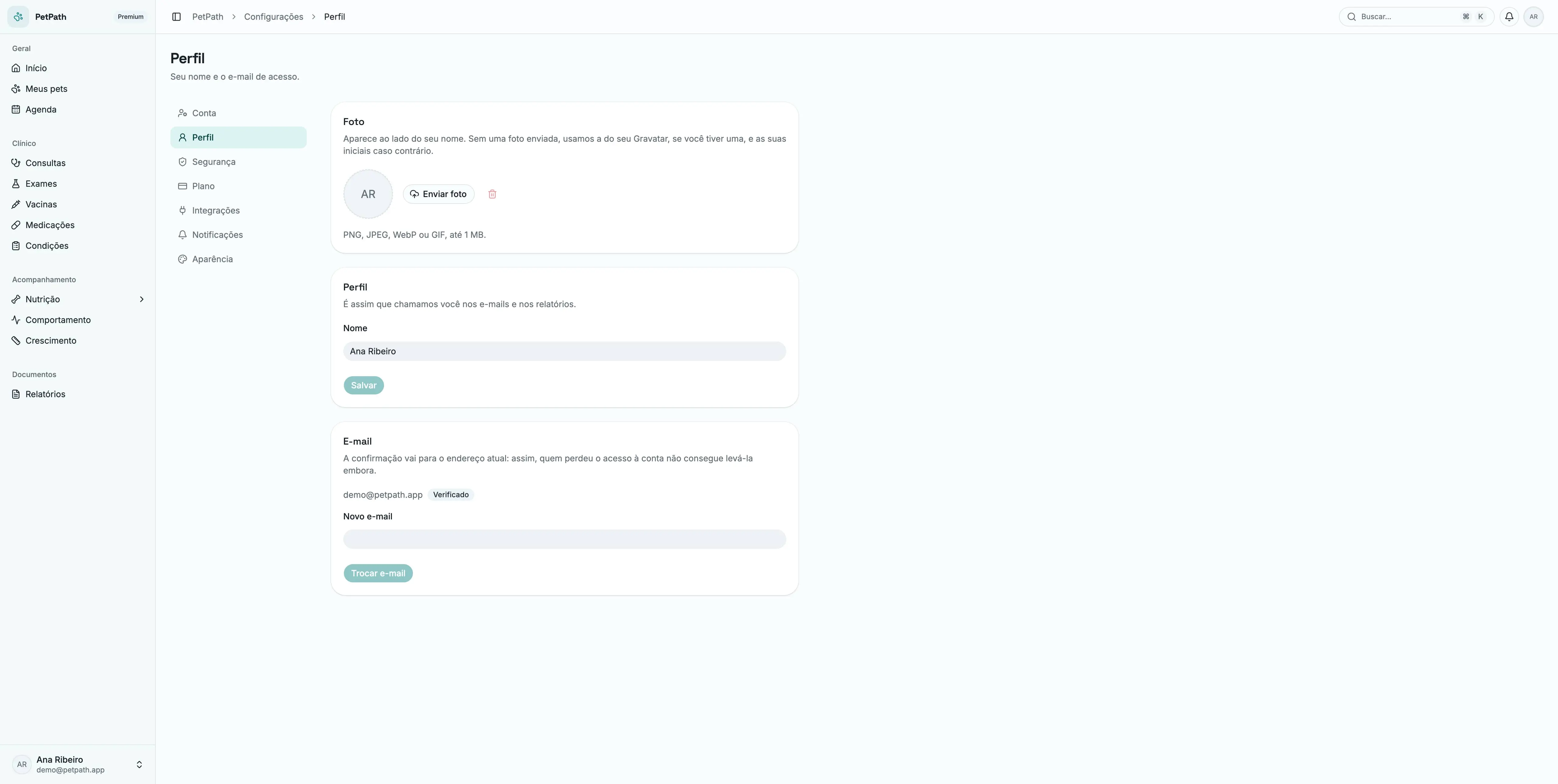 As Configurações, abertas na seção Perfil.